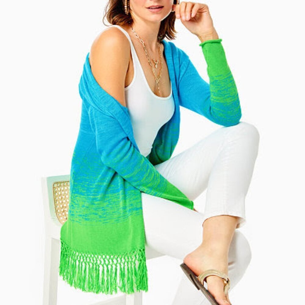 Lilly Pulitzer NWT Size M Tatum‎ Ombre Fringe Cardigan Gecko Green Marled Ombre